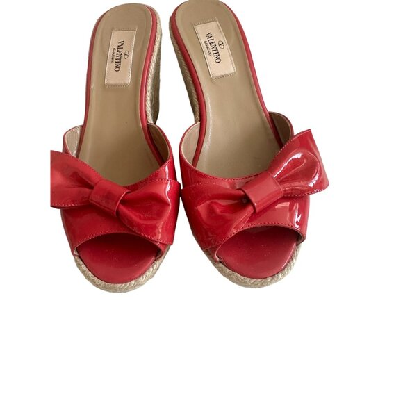 VALENTINO Pink Bow Patent Leather Espadrille Wedges Sandals Size 37.5 - Picture 2 of 10
